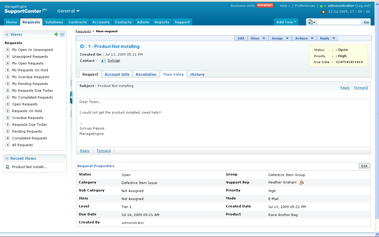 screenshot of ManageEngine SupportCenter Plus